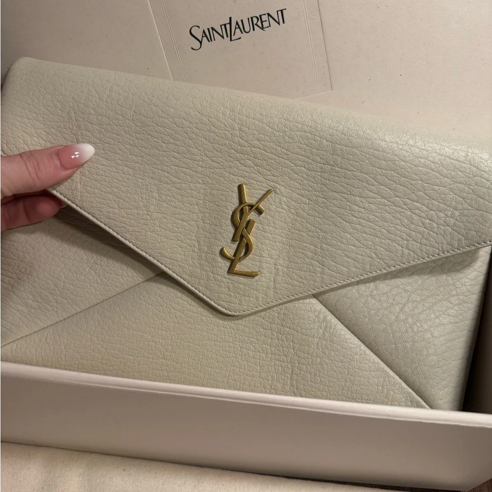 Saint Laurent Ivory Leather Envelope Clutch with Gold YSL Hardware - Picture 2 of 9